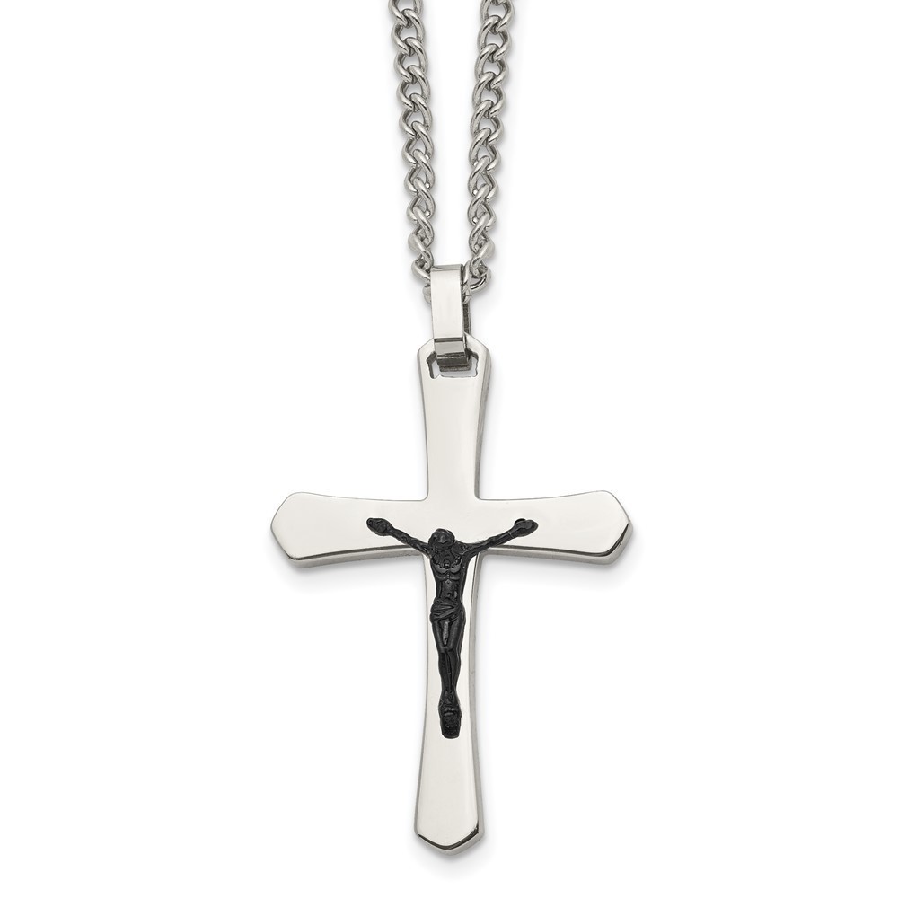 Chisel Stainless Steel Black IP-plated Crucifix Charm w 24" Curb Chain Necklace